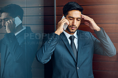 Buy stock photo Business man, stress and phone call with bad news of legal case with loss, fail or wrong decision or defense. Angry or confused corporate lawyer or attorney with headache and listening on mobile