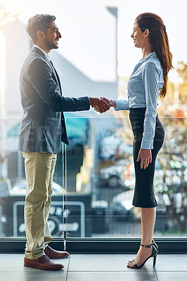 Buy stock photo Business people, office and shaking hands for introduction, hello and welcome to job interview in human resources. Woman, clients or candidate shaking hands for hiring, deal and onboarding or success