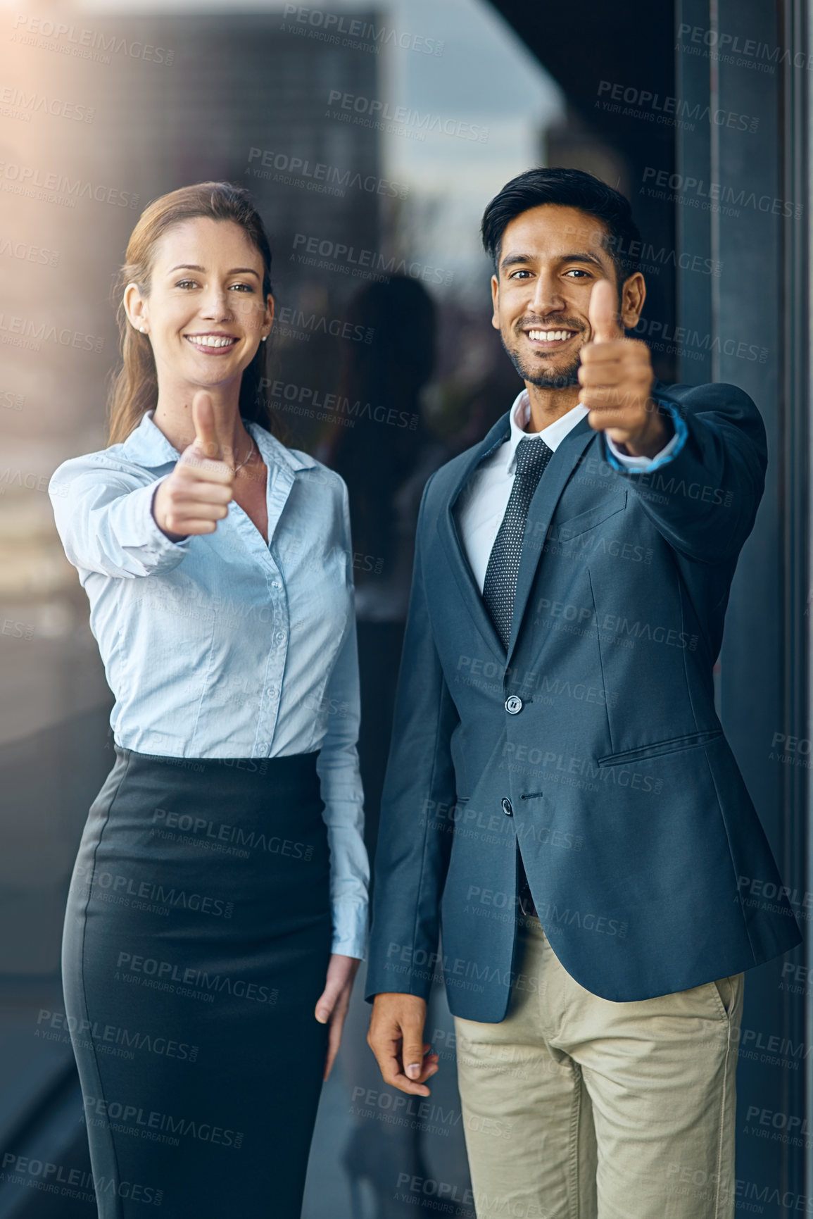 Buy stock photo Business people, portrait and thumbs up for success, achievement or well done at law firm. Corporate lawyer, attorney and paralegal with like, yes and okay hands for support, winning and about us