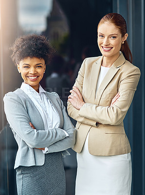 Buy stock photo Portrait, happy team and business women with arms crossed together in office for cooperation, diversity or about us. Smile, staff or employee with solidarity, confidence or collaboration of agent