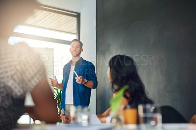 Buy stock photo Presentation, man and business people in creative workshop with collaboration, discussion or planning in office. Teamwork, meeting and designer with leadership, ideas and development pitch for growth