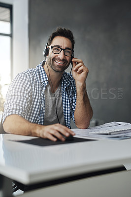 Buy stock photo Portrait of a support agent sitting at a desk in a modern office