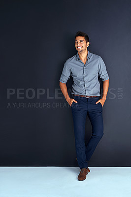 Buy stock photo Happy, fashion and space with business man in studio for professional, mission and mockup. Pride, mindset and expert with male employee on dark background for entrepreneur, happiness and style