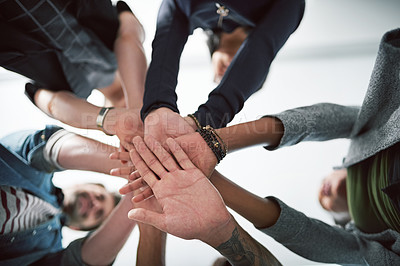 Buy stock photo Hands, huddle and unity with designer people in office from below for collaboration, support or trust. Goals, motivation and target with palm of design group closeup in workplace for team building