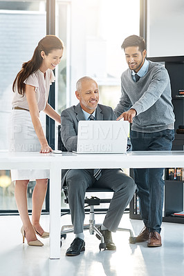 Buy stock photo Laptop, proposal and teamwork in meeting, smile and collaboration with employees, deal and presentation. Happy, boss and computer for feedback, men and woman in project management, corporate and job