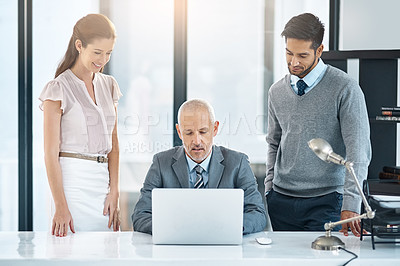 Buy stock photo Laptop, men and woman in office with mentor for advice, online agenda or schedule for business plan. Teamwork, senior manager and employees at desk with computer for consulting, help or job training