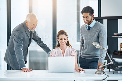 Buy stock photo Corporate staff, laptop and office for digital information, review online report or view email. Diversity, team and tech and happy for read app, article search or collaboration for project planning