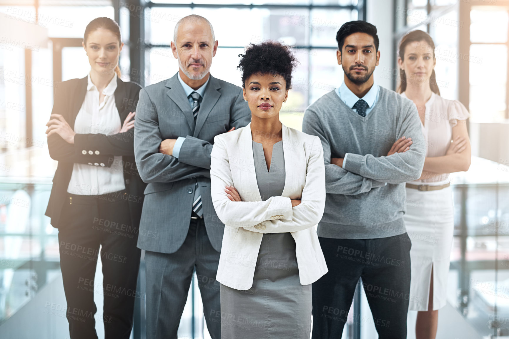 Buy stock photo Work, team and portrait of business people with arms crossed for collaboration, pride and leadership. Diversity, company and serious employee with confidence for career, partnership and commitment