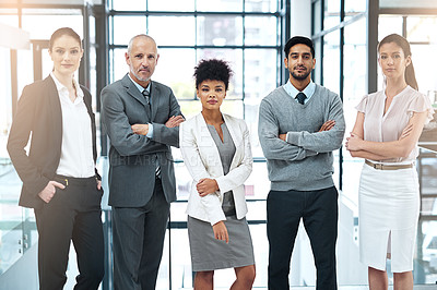 Buy stock photo Office, team and portrait of business people with confidence for commitment, leadership and pride. Company, diversity and serious employee with arms crossed for career, partnership and collaboration