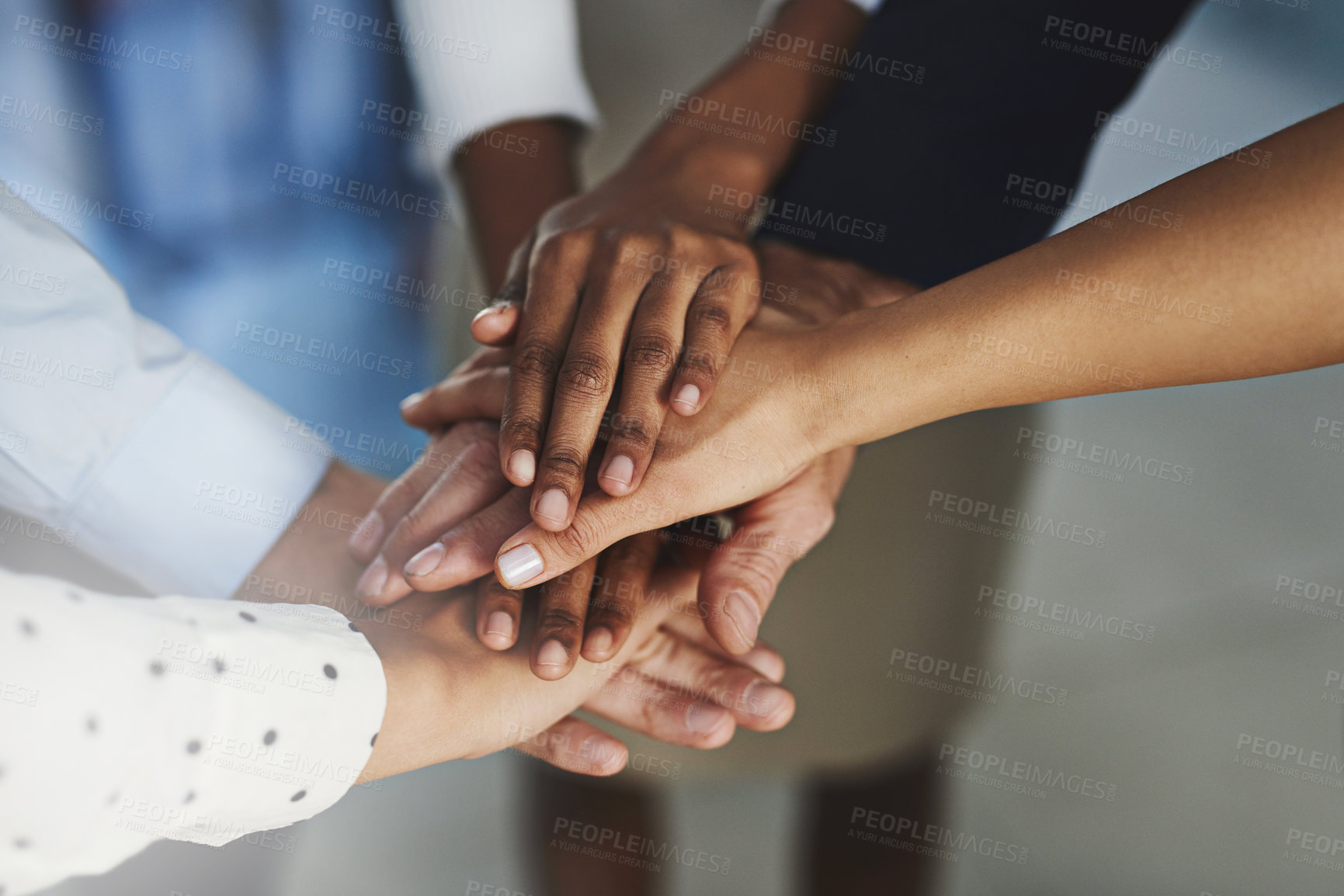 Buy stock photo High angle shot of a group of unrecognizable coworkers' hands in a huddle