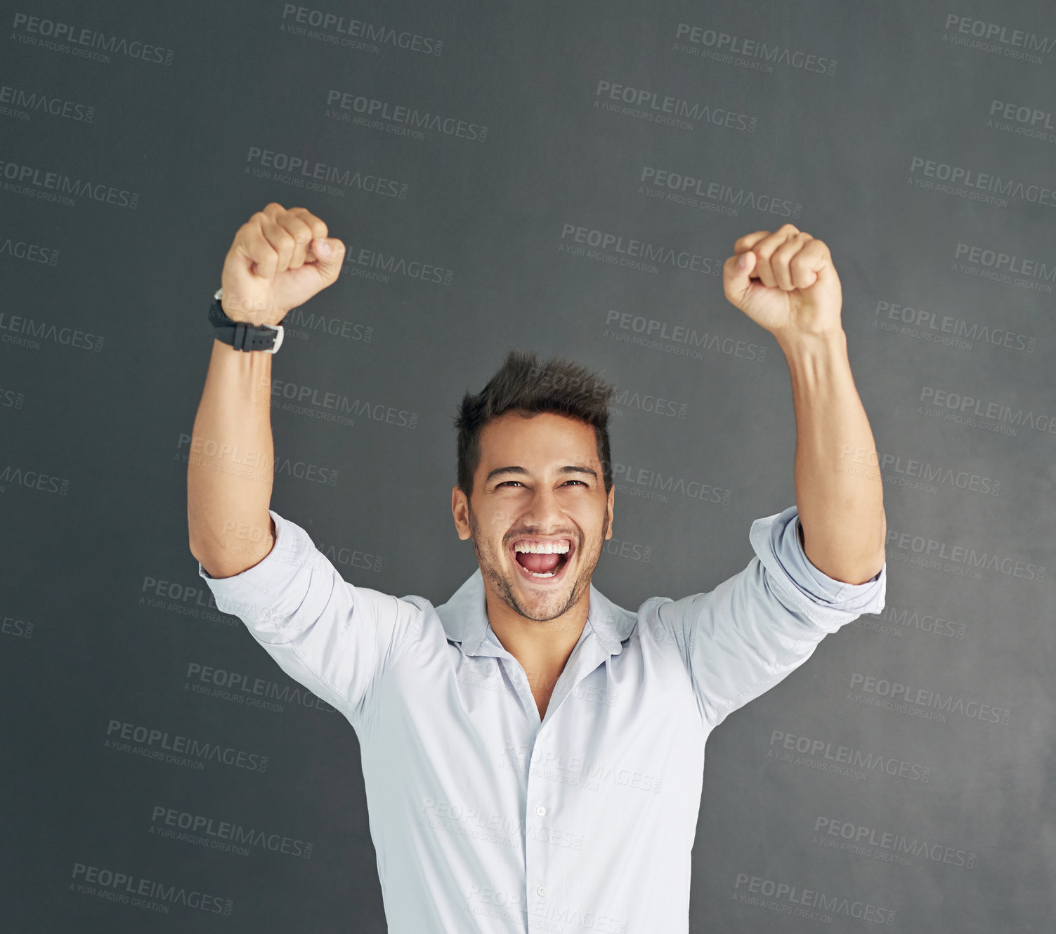 Buy stock photo Portrait, celebration and business man on wall background, excited and isolated with mockup. Winner, achievement and male professional celebrate winning, happiness and goals, success and good news.