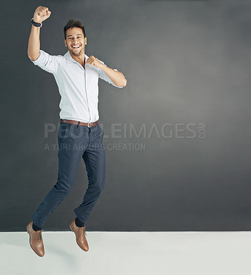 Buy stock photo Portrait, mockup and man with business, happy and excited guy against a dark studio background. Face, male person and employee with happiness, winning and achievement with career and professional
