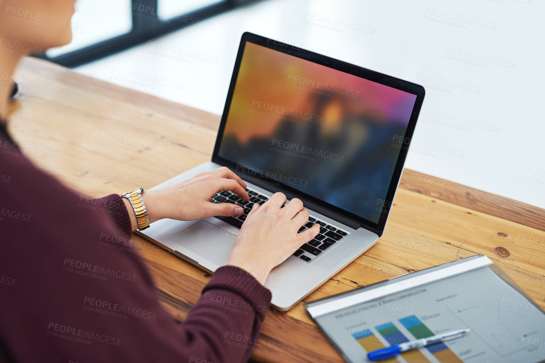 Buy stock photo Woman, business and hands with laptop in office to analyse income chart or strategy graph tor review financial report. Corporate, people and paper for research with statistics for company growth