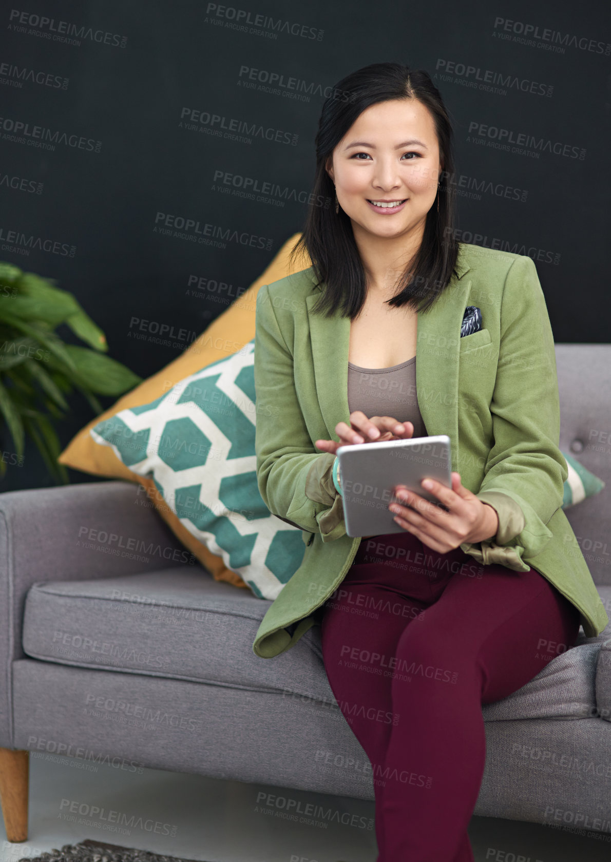 Buy stock photo Creative, portrait and asian woman with tablet for brainstorming ideas, planning and research. Marketing project, female employee or graphic designer as career, technology and online in office