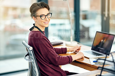 Buy stock photo Portrait, woman and laptop in office with happiness for career, job growth and opportunity in confidence. Female employee, smile and research for creative ideas, plan and designs as graphic designer