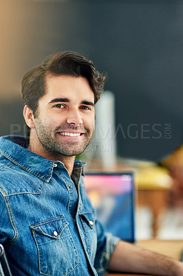 Buy stock photo Man, portrait and laptop for planning in office, party and event planner in creative business. Male person, entrepreneur and happy consultant in workplace, confidence and proud of career opportunity