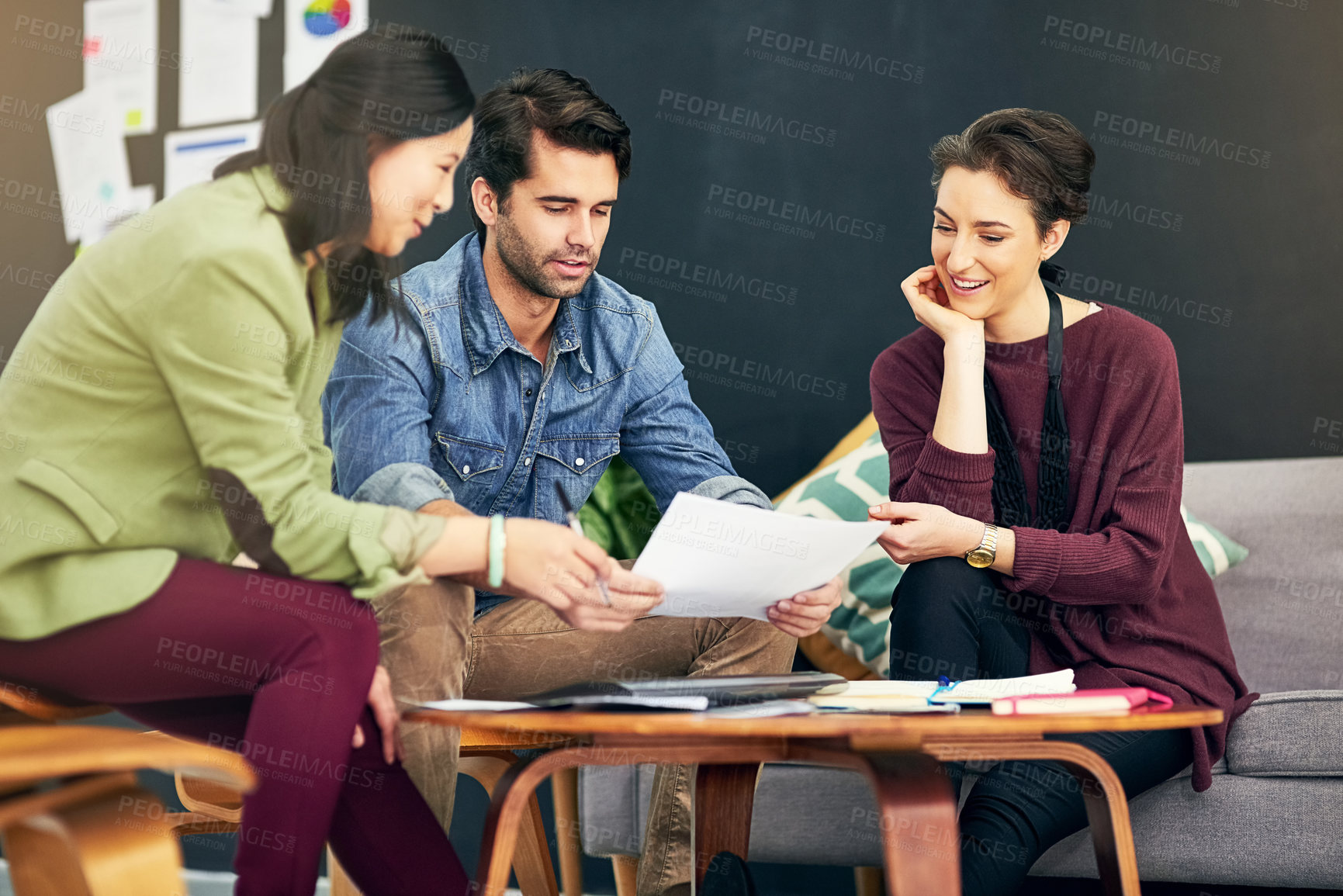 Buy stock photo People, teamwork or writers planning with documents in meeting for solution, conversation and discussion. Paperwork, journalists and editors in workspace for talking, creative ideas and collaboration