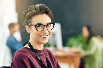 Buy stock photo Woman, portrait and event consultant in creative office, party planner and glasses in agency. Female person, entrepreneur and small business owner in workplace, confidence and proud of opportunity