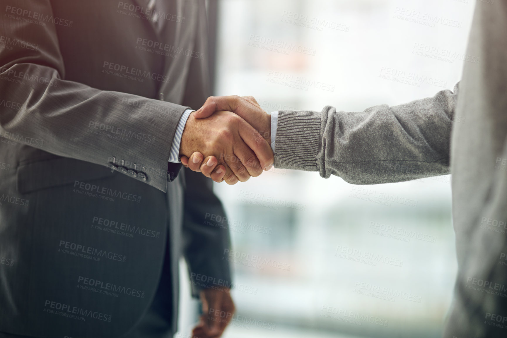Buy stock photo Businessmen, handshake and deal with welcome, agreement and choice in office for business. Male people, employees and colleagues in onboarding for partnership, negotiation and meeting in company