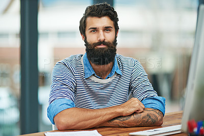 Buy stock photo Portrait, creative and business man at desk in office by computer in startup company. Face, serious professional or confident entrepreneur, editor or employee working at table in Canada for career
