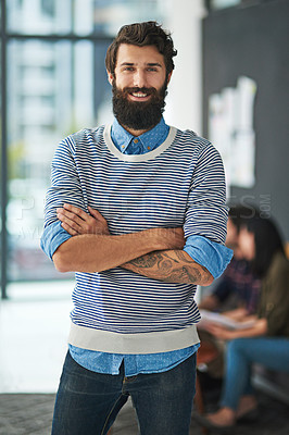 Buy stock photo Portrait, creative and business man with arms crossed in startup office for career in Italy. Smile, confident professional and entrepreneur, designer and happy employee working in company for job