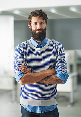 Buy stock photo Portrait, creative and business man with arms crossed in startup office for career, job or pride at workplace in Spain. Confidence, worker or professional entrepreneur, employee or editor in company