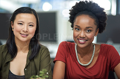 Buy stock photo Smile, teamwork and portrait of business women in office for collaboration creative project. Happy, pride and planning with female interior designers working together for startup company in workplace