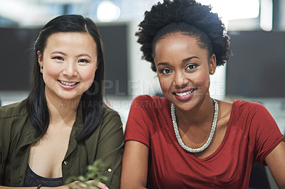 Buy stock photo Happy, teamwork and portrait of business women in office for collaboration creative project. Team, pride and interracial female interior designers working together for startup company in workplace.
