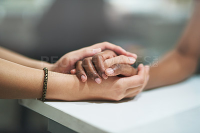 Buy stock photo Sad, support and people holding hands, counseling and therapy for grief, trauma and compassion with loss. Prayer, friends and closeup with crisis, sympathy and empathy with respect and community 
