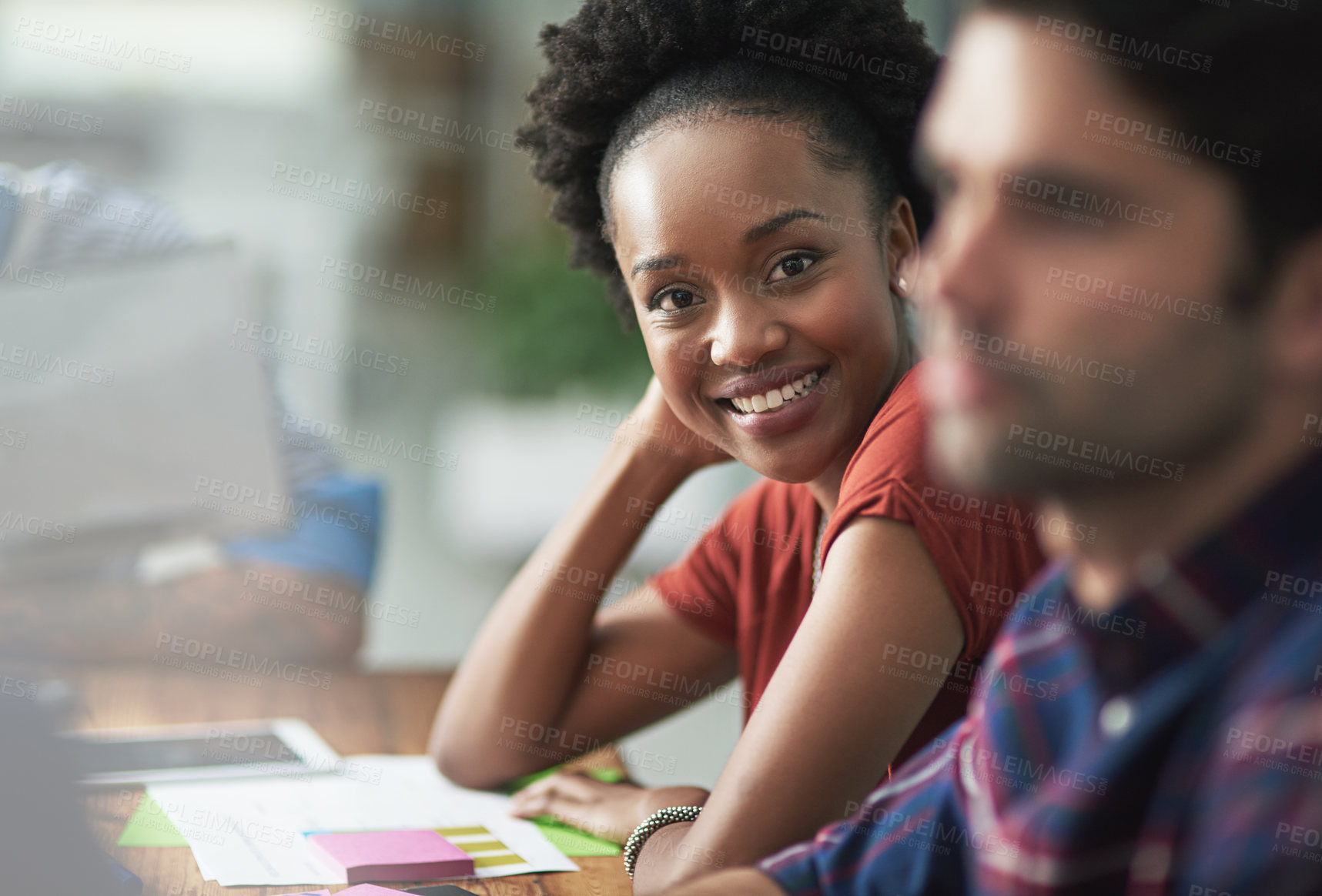 Buy stock photo Cropped shot of a creative businesswoman looking happy at a meeting