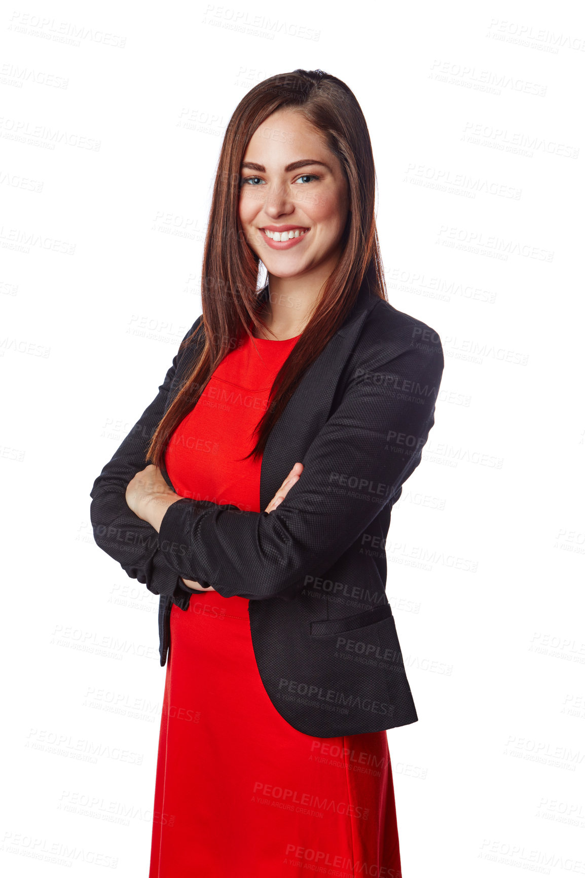 Buy stock photo Isolated, business and portrait of woman with arms crossed in white background studio for management, leadership and fashion. Happy, smile and confident with girl standing alone for cute and formal
