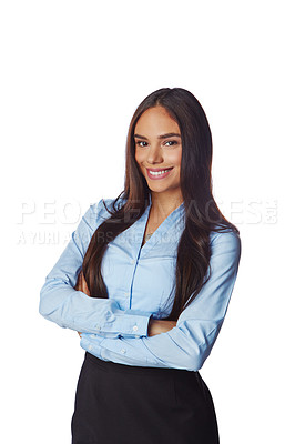 Buy stock photo Isolated, business and portrait of woman with mockup in white background studio for management, leader and fashion. Happy, smile and confident with Brazilian girl and arms crossed for career mindset