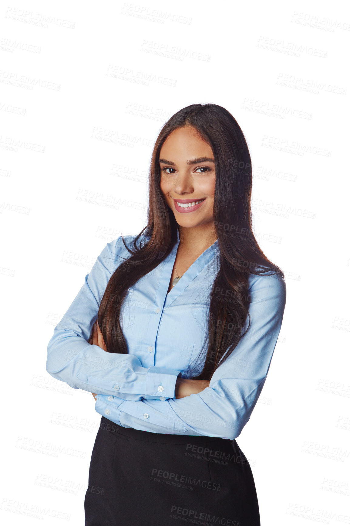 Buy stock photo Isolated, business and portrait of woman with mockup in white background studio for management, leader and fashion. Happy, smile and confident with Brazilian girl and arms crossed for career mindset