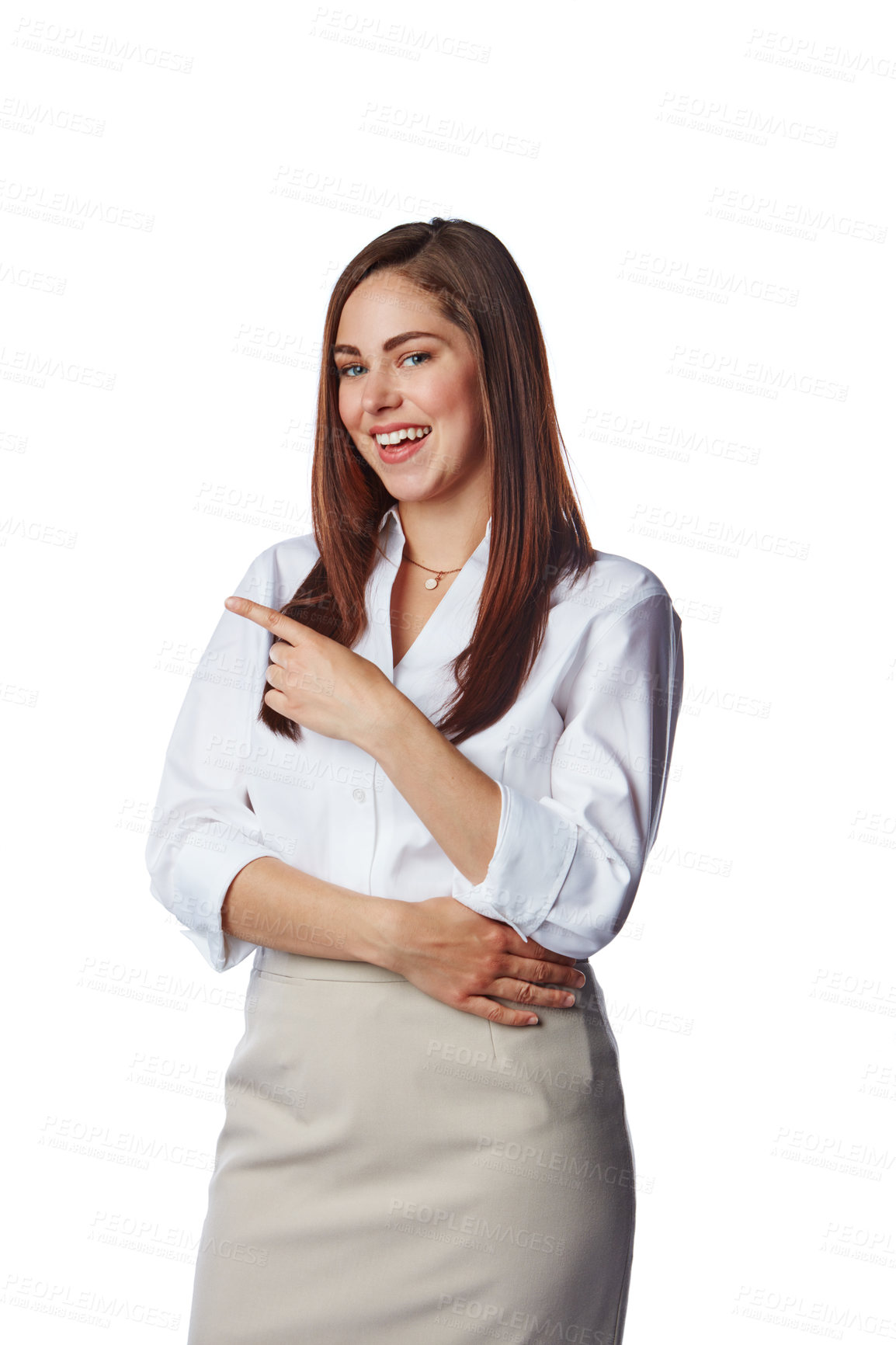 Buy stock photo Showing, displaying and pointing at copy space by businesswoman isolated in a studio white background. Happy, excited and smiling corporate female presenting promo deal with her finger