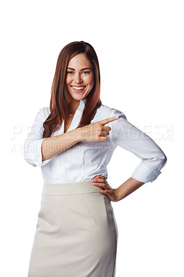 Buy stock photo Discount, showing and pointing at opportunity by businesswoman isolated in a studio white background. Happy, excited and smiling corporate female presenting copy space for a promo deal