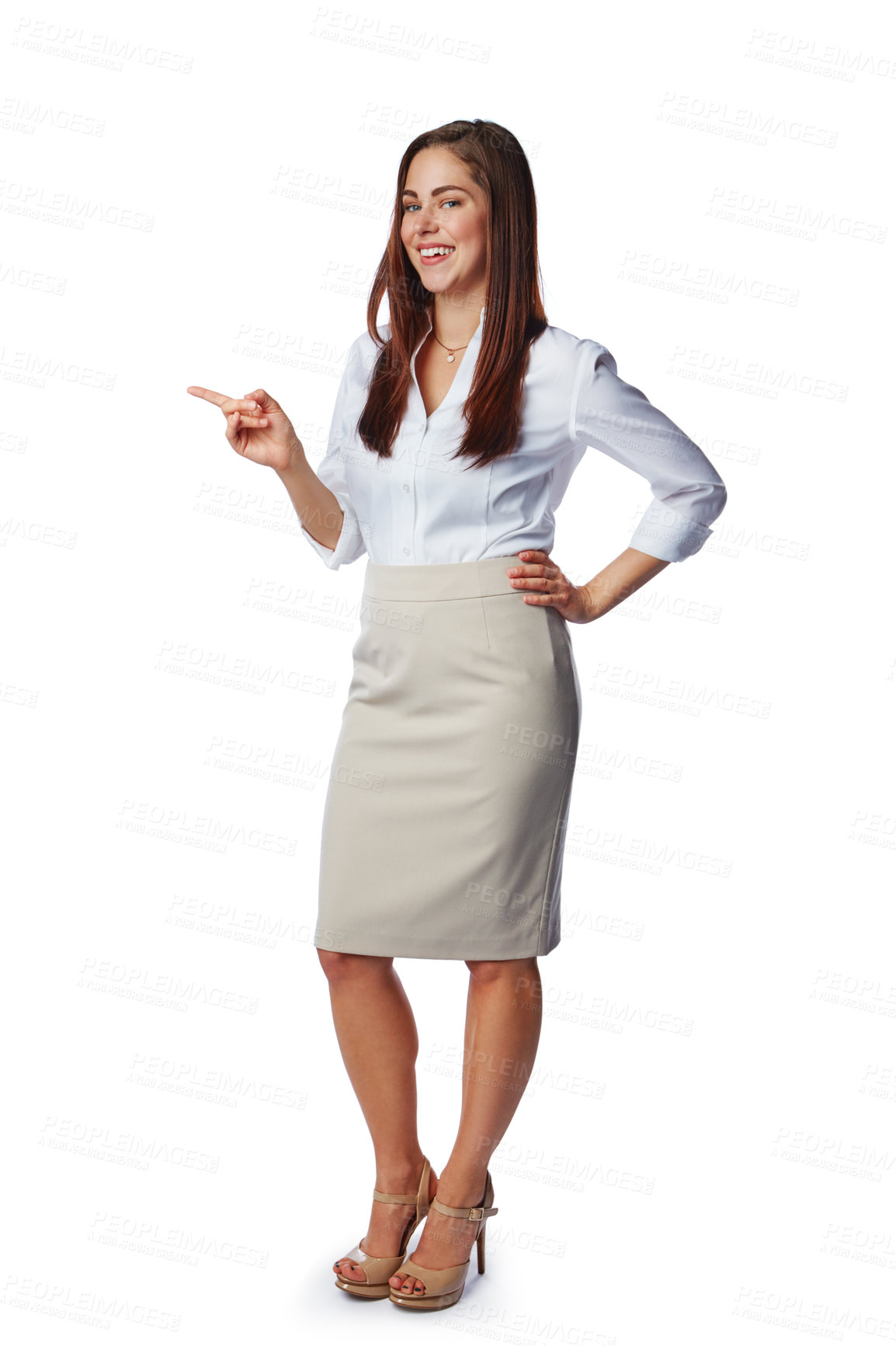 Buy stock photo Smile, pointing and body portrait of woman with mockup, product placement and isolated on white background. Advertising, marketing promotion and space, happy woman and product launch news in studio.