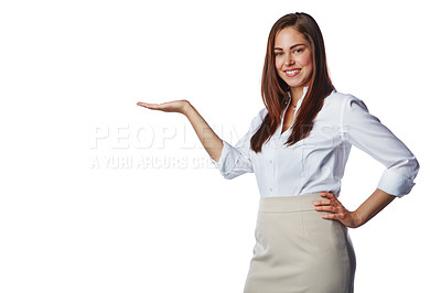 Buy stock photo Advertising, display and woman with hand on a white background for product placement, sign and deal. Presentation, mockup and isolated girl with hand gesture for information, news and announcement