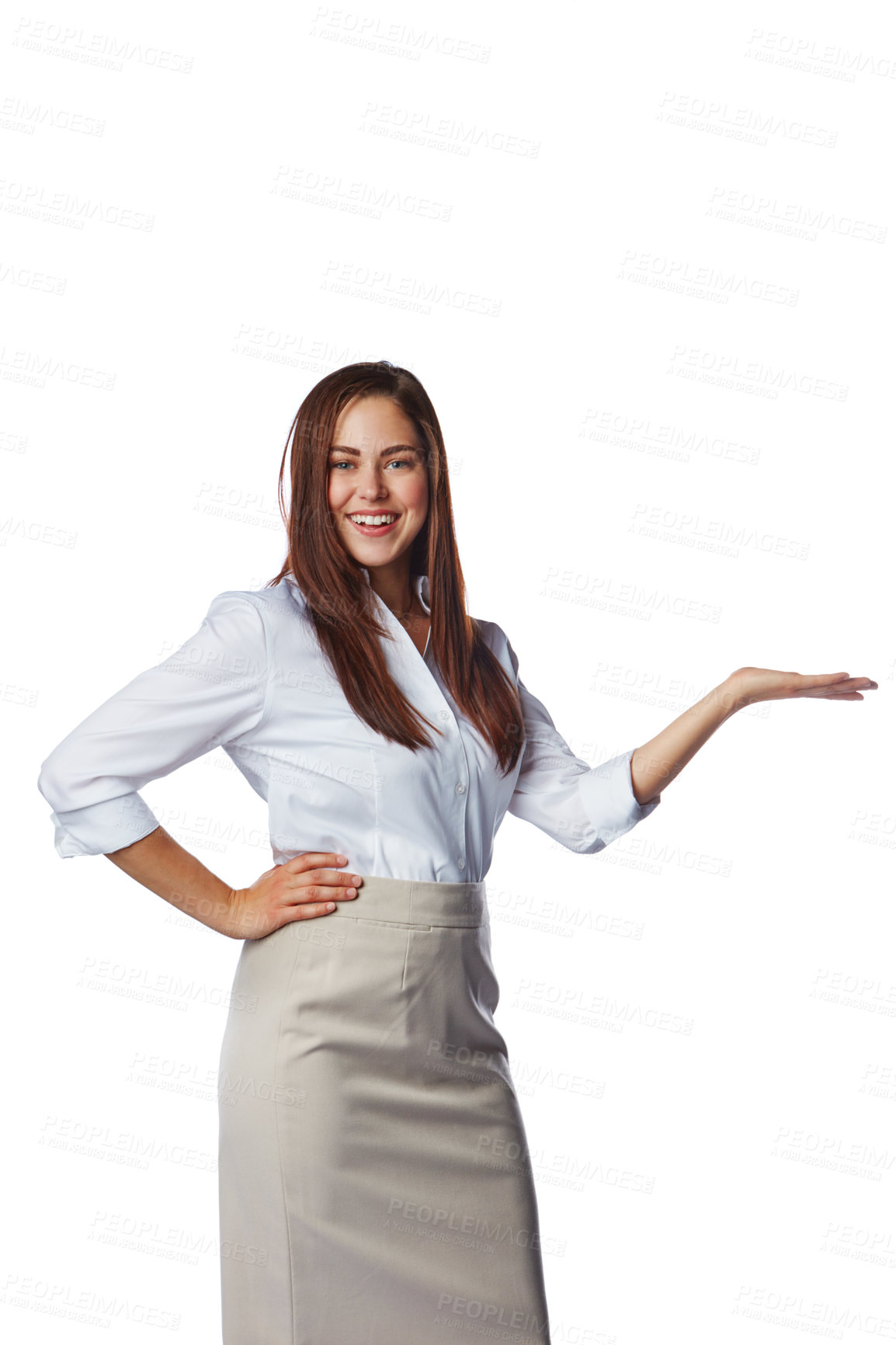 Buy stock photo Promotion, white background and woman with hand display for product placement, deal and sign. Advertising, presenting and isolated girl showing hand gesture for discount, information and announcement