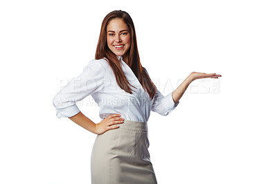 Buy stock photo Space, hand and portrait of woman on a white background for product placement, deal and sign. Advertising, presenting and isolated girl showing hand gesture for discount, information and discount