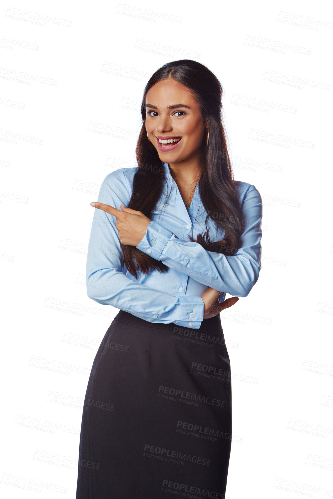 Buy stock photo Businesswoman, standing and pointing finger isolated on a white background for advertising. Portrait of female model, business person showing gesture for advertisement against white studio background