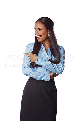Buy stock photo Happy, business and woman pointing her finger in studio for advertising, marketing or mockup. Happiness, smile and female model with corporate, classy and elegant outfit isolated by white background.