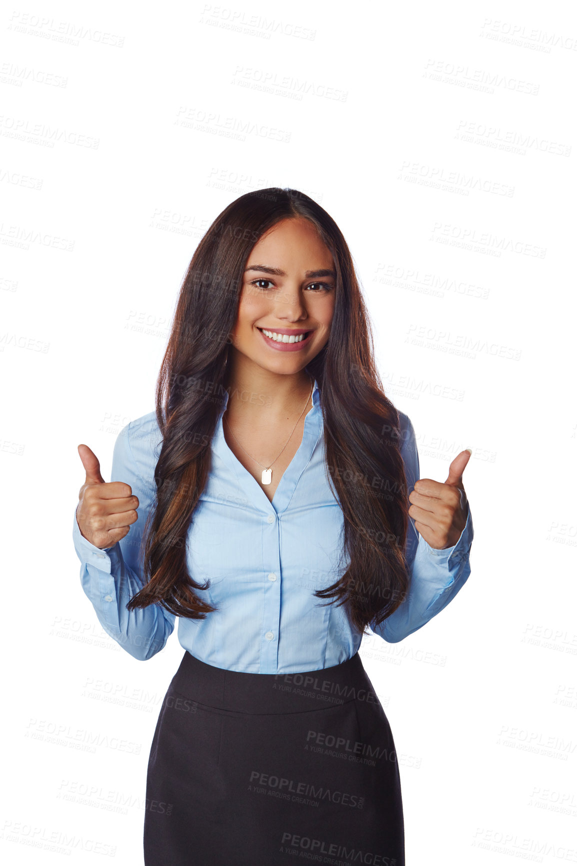 Buy stock photo Business woman, smile and thumbs up for discount, deal or winning against white studio background. Portrait of a isolated happy female employee model standing with thumbsup for good job, done or sale