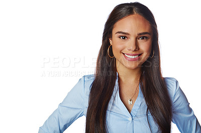 Buy stock photo Happy, business and portrait of woman in studio with a classy, corporate and fashion outfit. Happiness, smile and female professional model from Mexico isolated by white background with mockup space.