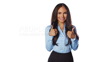 Buy stock photo Business woman, hands and thumbs up for mockup discount, deal or winning against white studio background. Portrait of isolated happy female employee standing with thumbsup for good job, done or sale