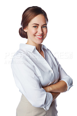 Buy stock photo Isolated, business and portrait of woman with arms crossed  in white background studio for management, leader and fashion. Happy, smile and confident with New York girl for formal, cute and style