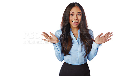 Buy stock photo Business woman, surprise and happy for winning, deal or sale on mockup against a white studio background. Portrait of isolated excited employee female smiling in wow for promotion on white background