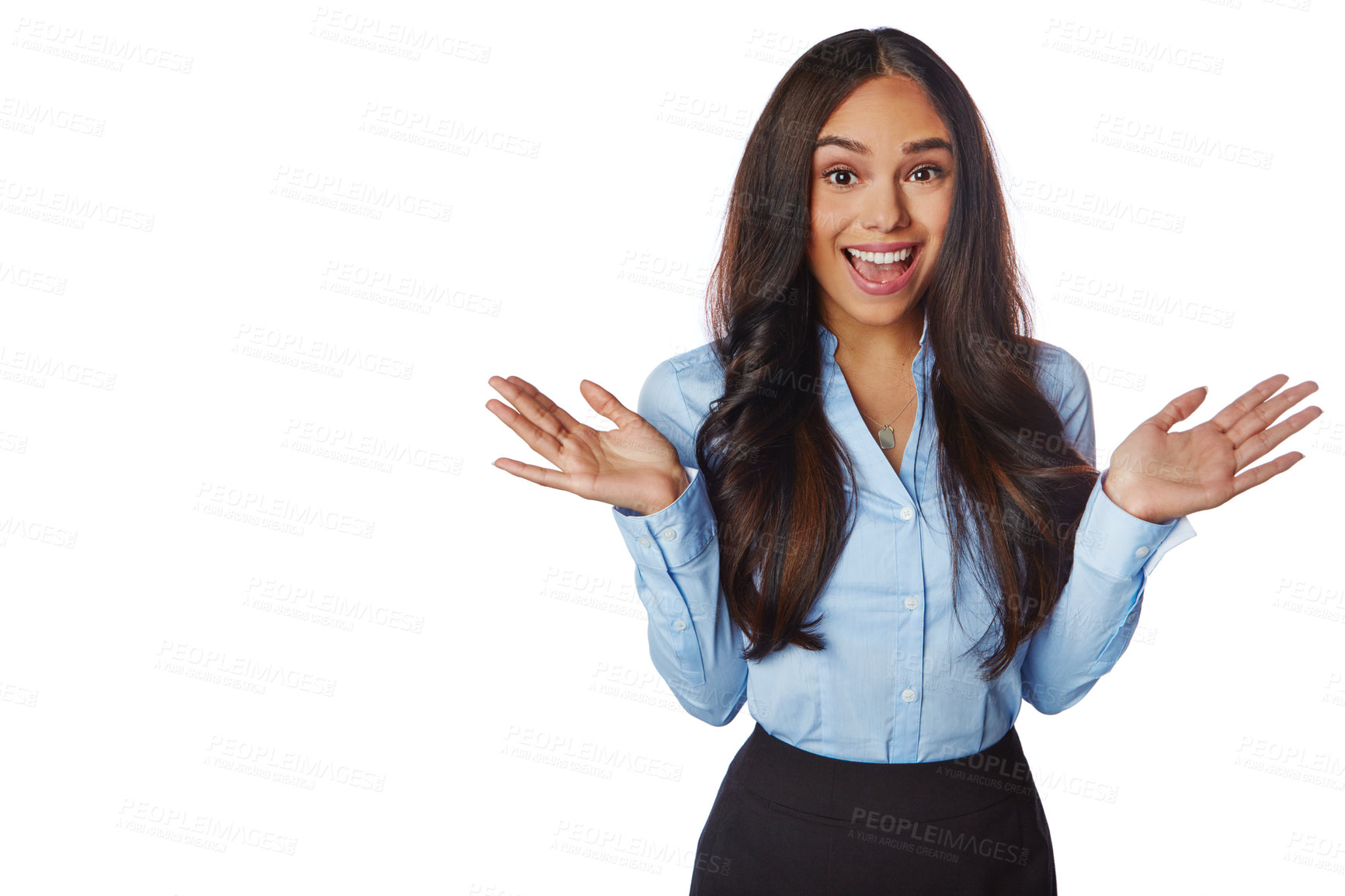 Buy stock photo Business woman, surprise and happy for winning, deal or sale on mockup against a white studio background. Portrait of isolated excited employee female smiling in wow for promotion on white background