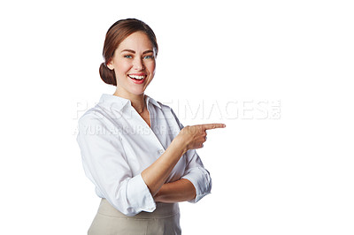 Buy stock photo Banner, mock up and business woman pointing finger isolated against a studio white background. Happy, confident face and smiling corporate employee showing copyspace gesture for a promo deal