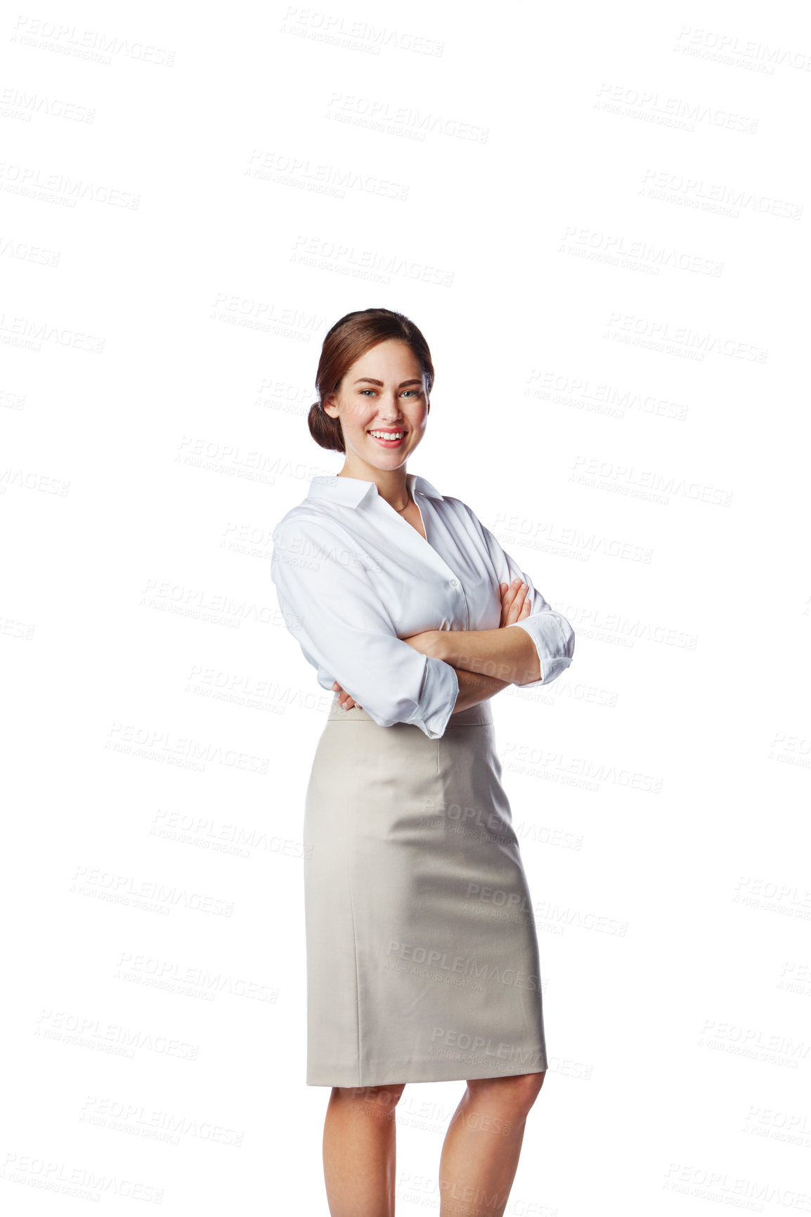 Buy stock photo Isolated, business and portrait of woman with mockup in white background studio for management, leader and fashion. Happy, smile and confident with New York girl and arms crossed for formal and cute