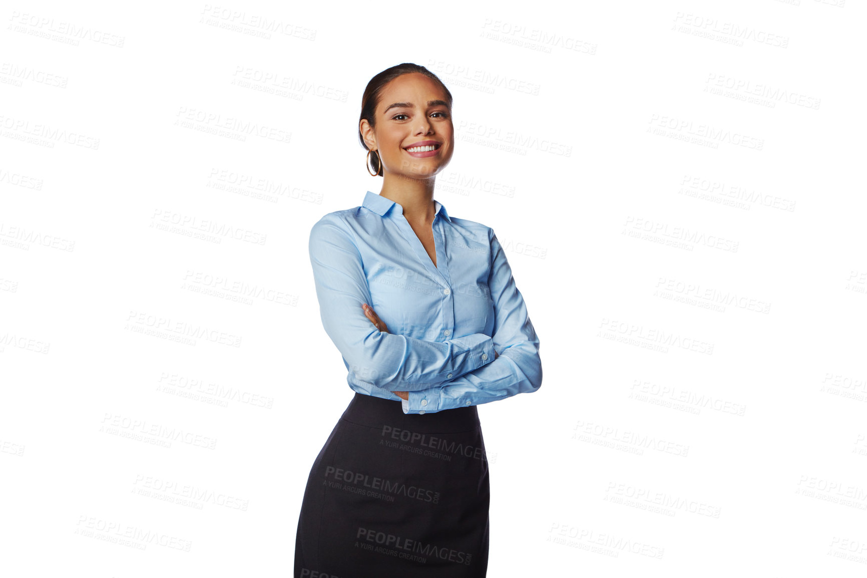 Buy stock photo Happy, portrait and business woman in a studio with a luxury, classy and elegant work outfit. Fashion, smile and female model with corporate, fancy and office clothes isolated by a white background.